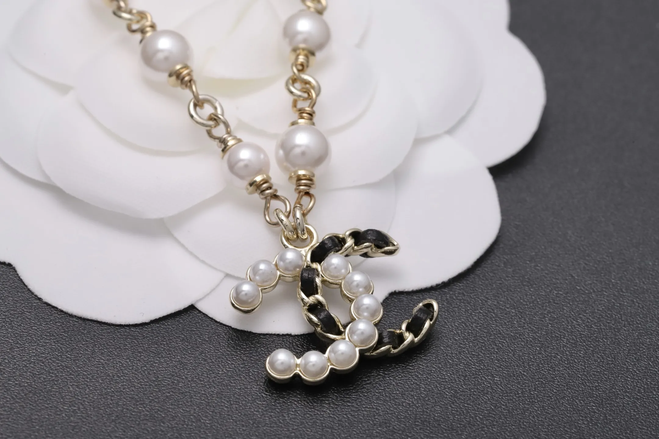 Double C Faux Pearl and Leather Chain Necklace D16016659 — view 7