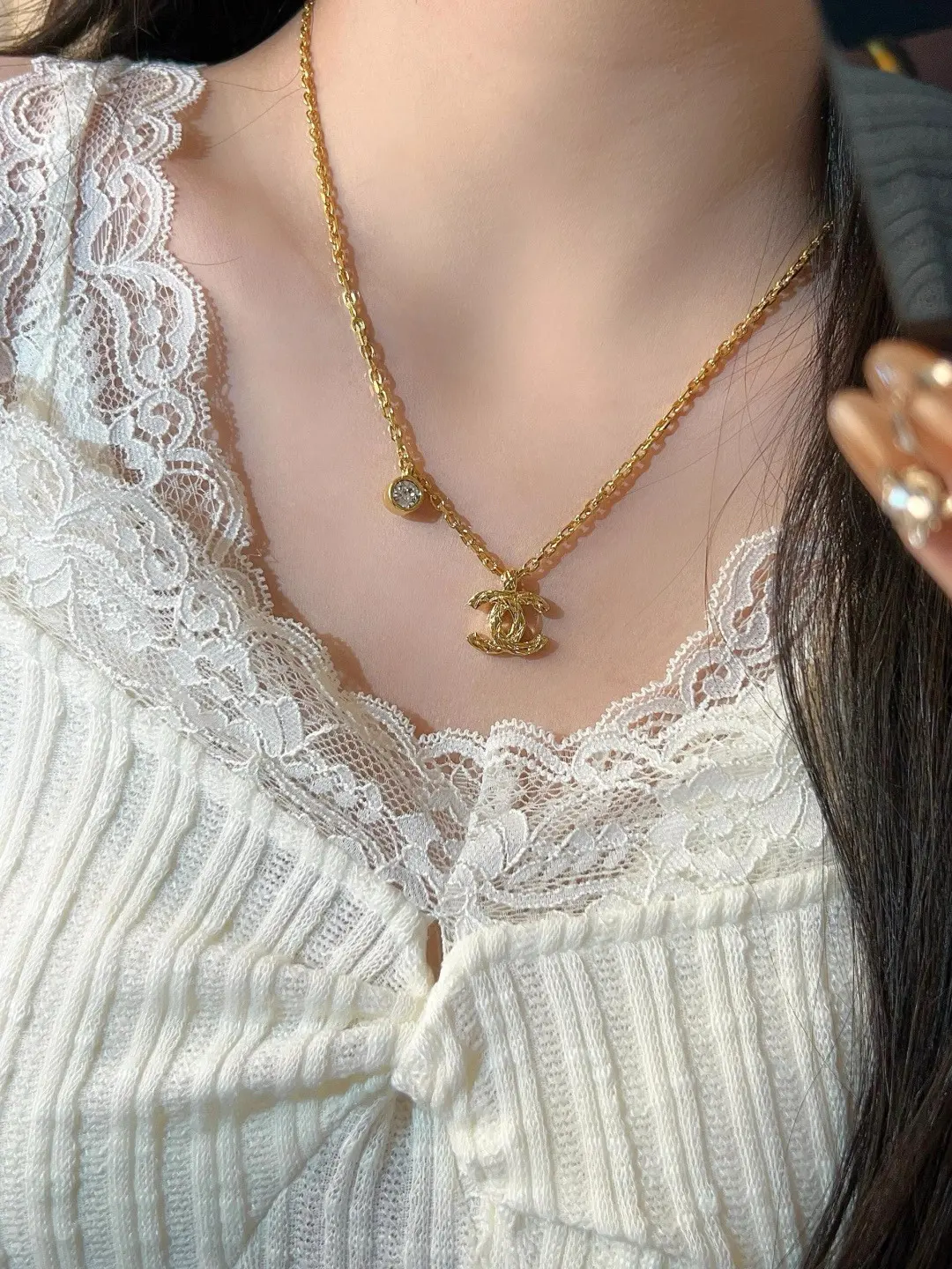 Quilted Double C Pendant Necklace with Crystal D14017058 — view 8