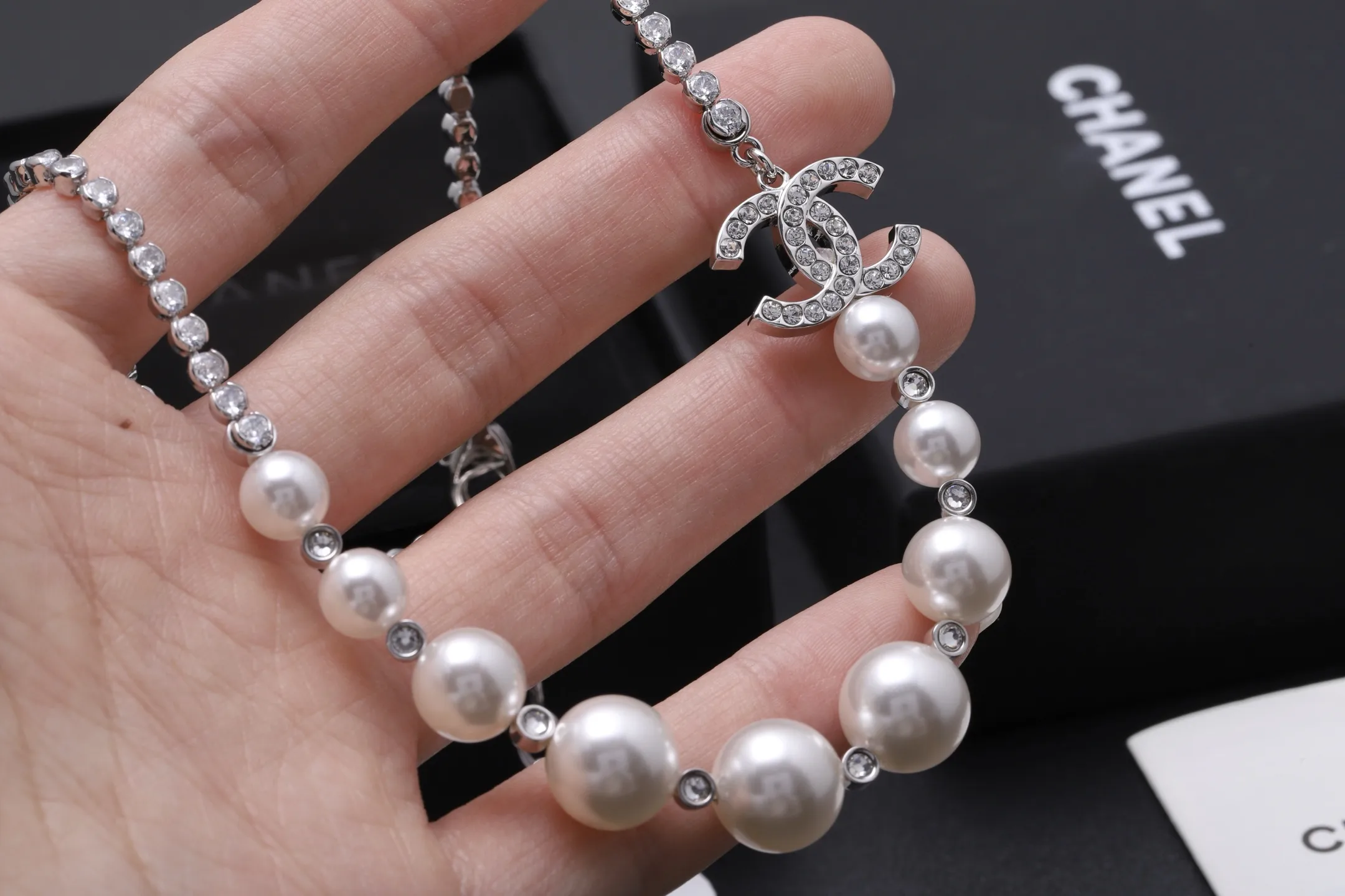 Double C Crystal and Pearl Mixed Chain Necklace D16517088 — view 5