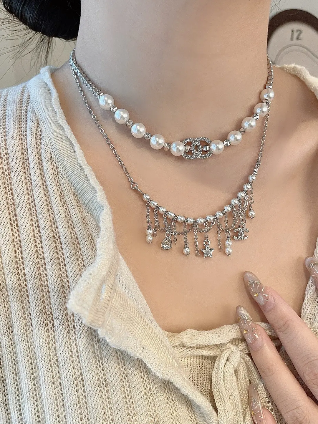 Double C Crystal and Pearl Mixed Chain Necklace D16517088 — view 8
