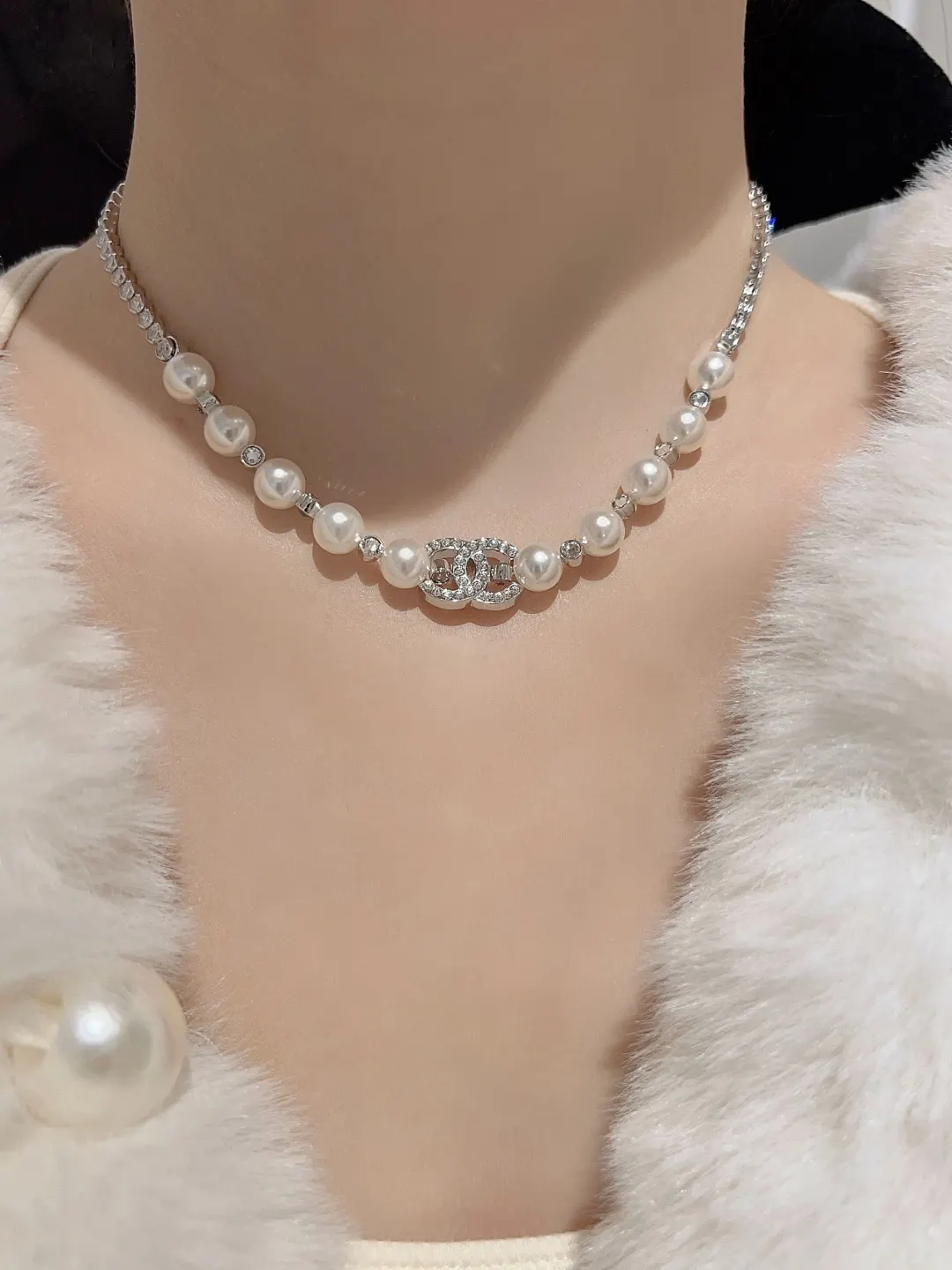 Double C Crystal and Pearl Mixed Chain Necklace D16517088 — view 9