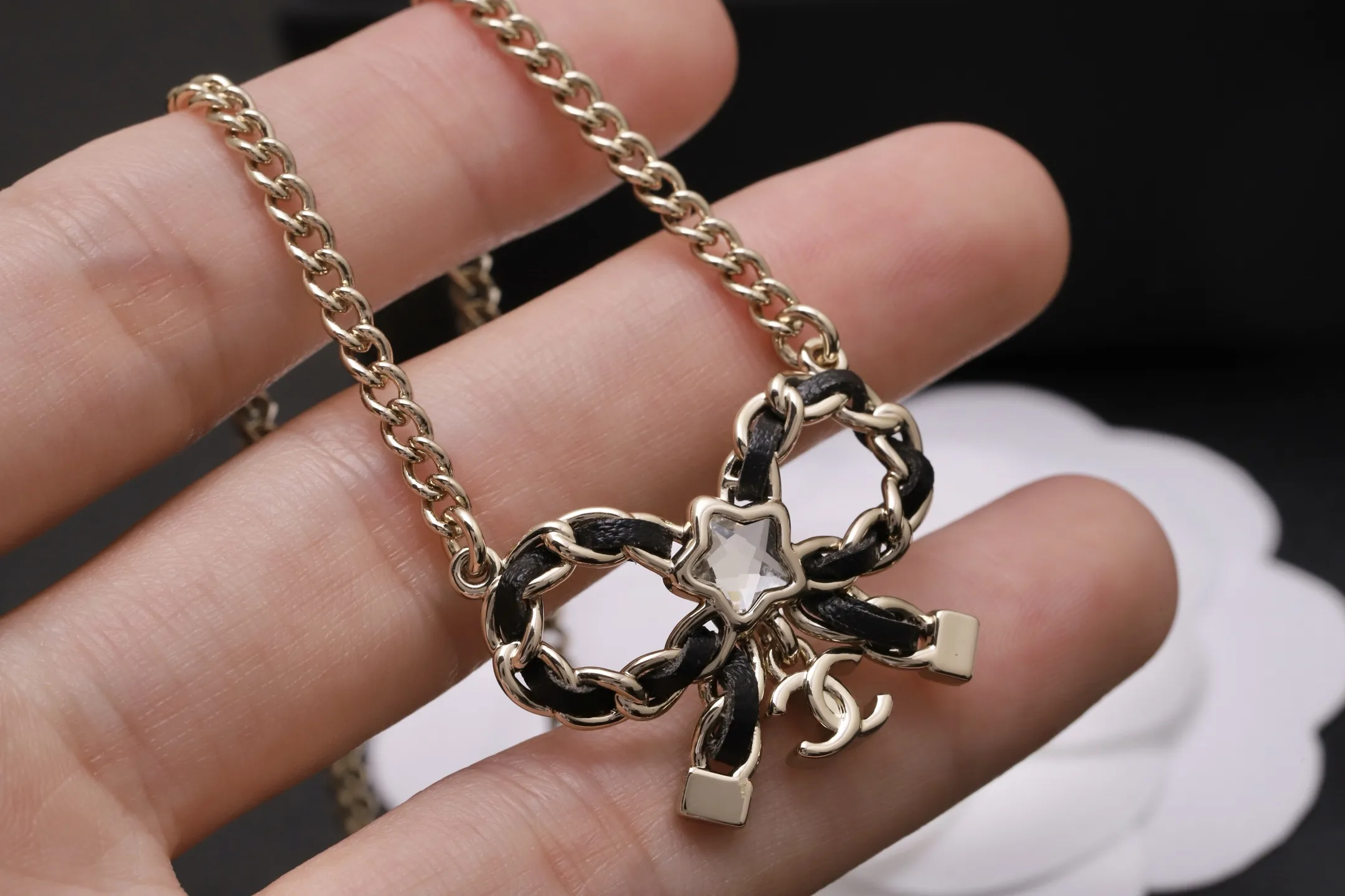 Bow Pendant Necklace with Leather Chain Detail D14017304 — view 4