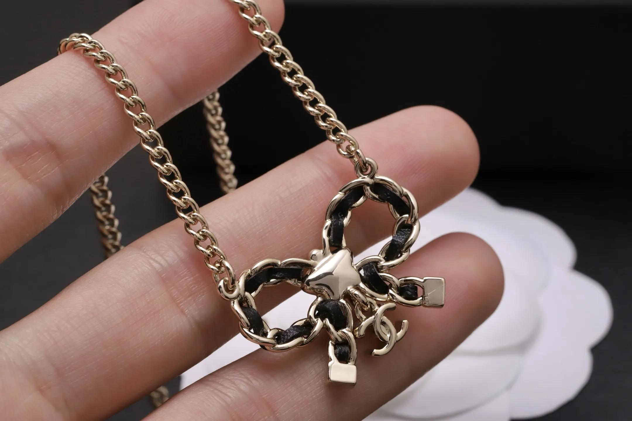 Bow Pendant Necklace with Leather Chain Detail D14017304 — view 5