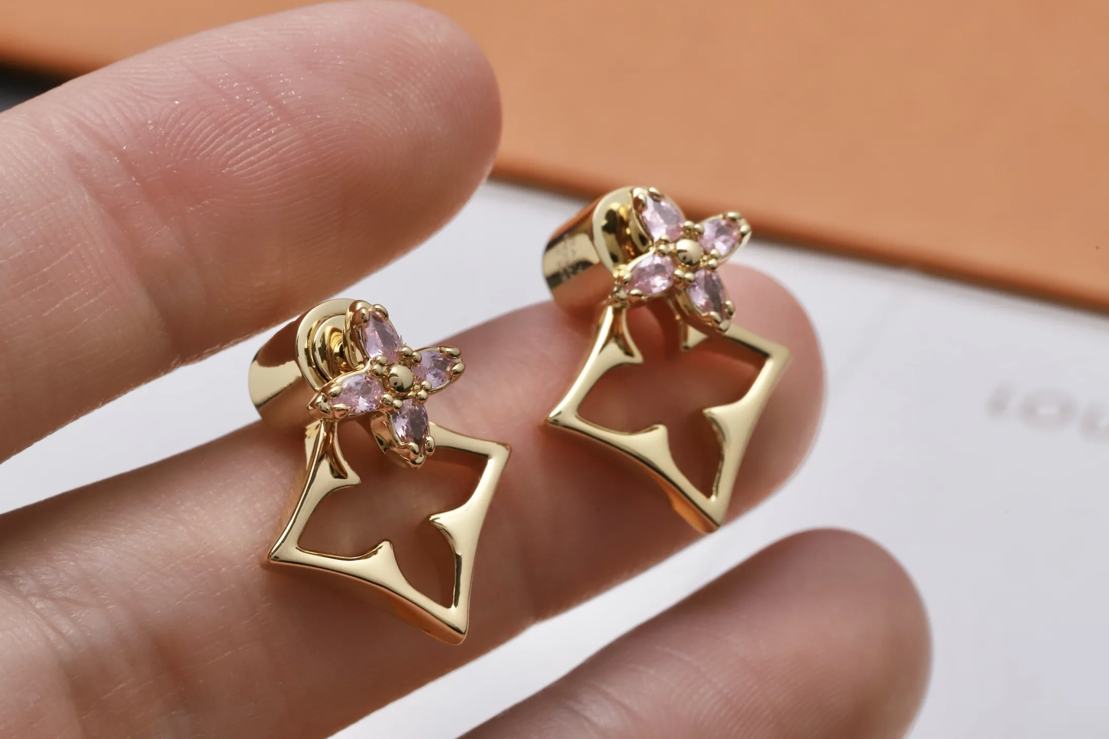Monogram Flower Cut-Out Earrings with Pink Crystals D13517198 — view 4