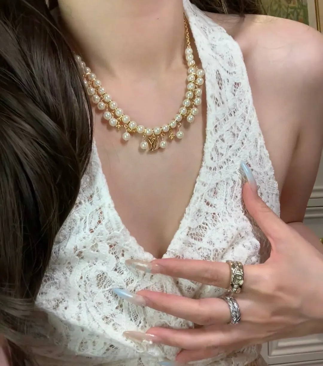 Monogram Flower Pearl Fringe Necklace D21017367 — view 8