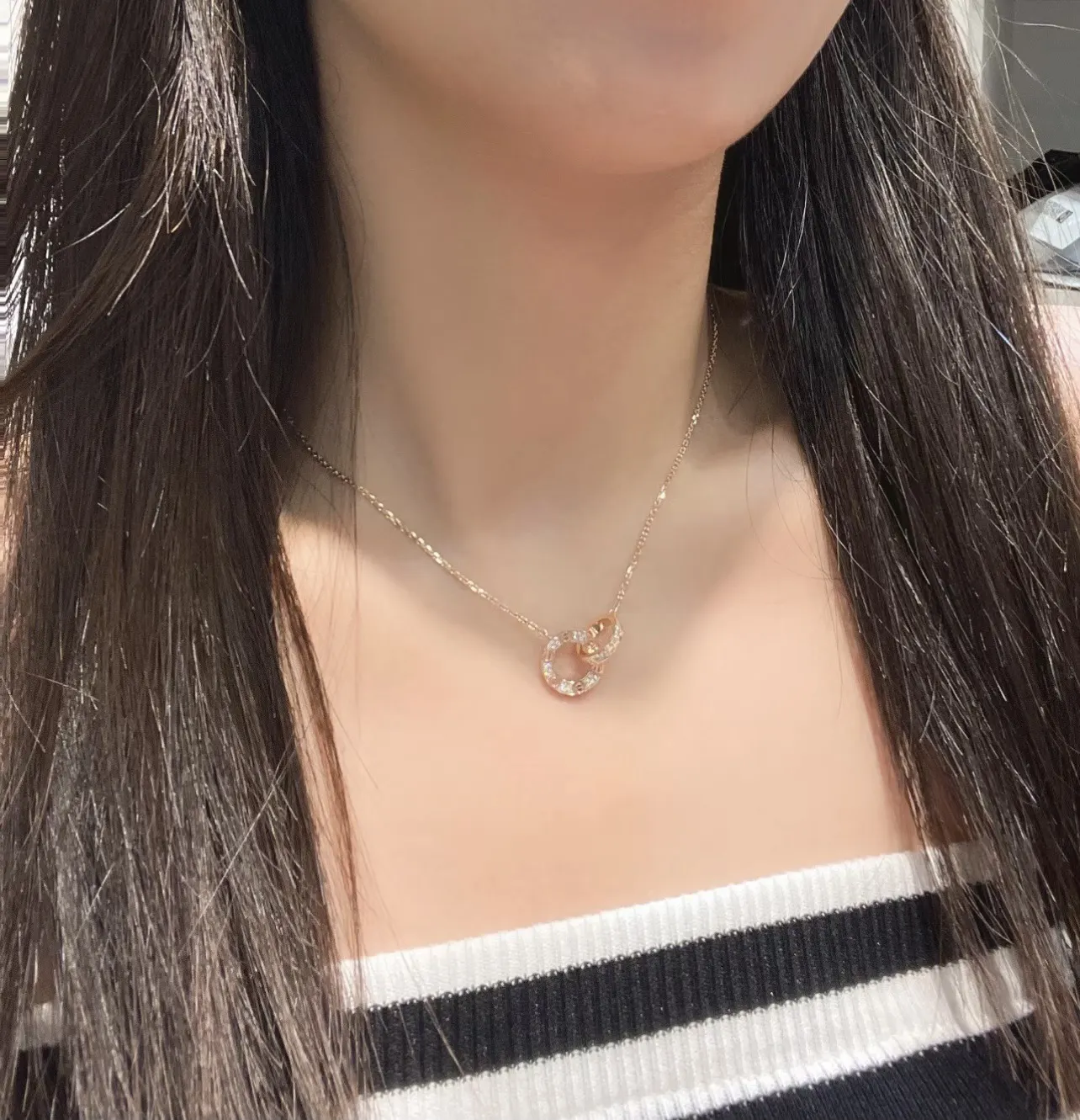 Love Interlocking Double Ring Necklace (Gold-Plated Brass) D12016704 — view 8