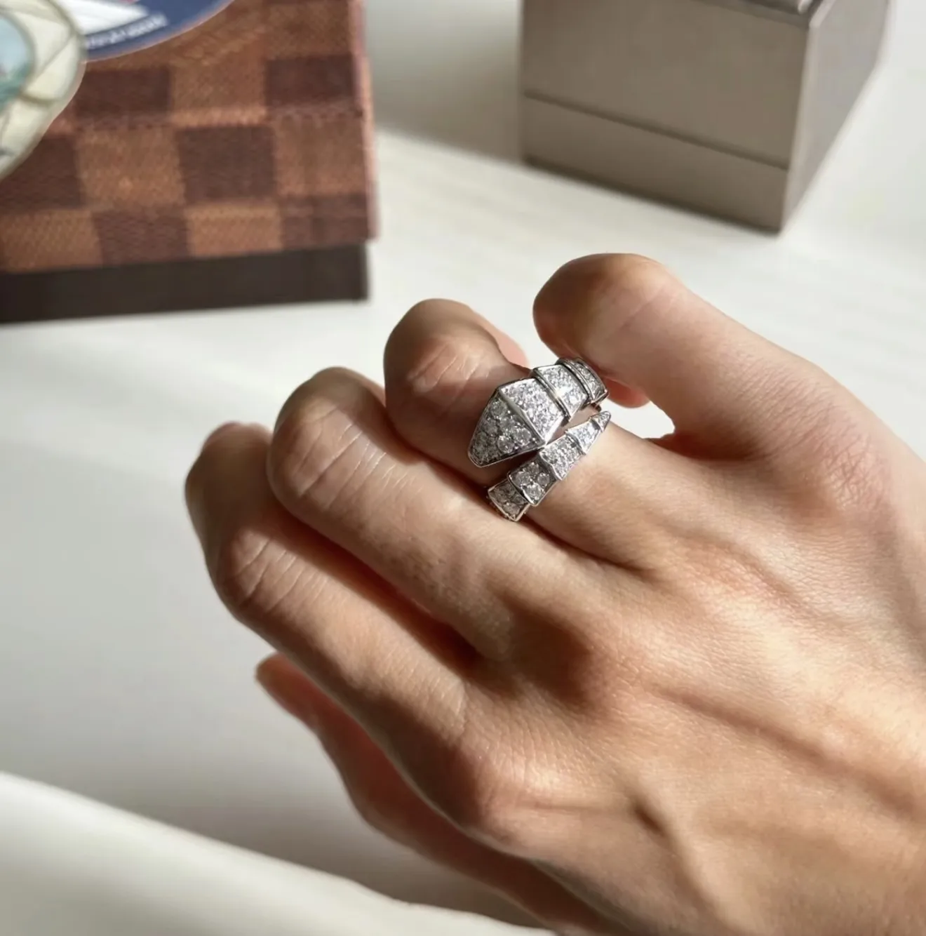 Serpenti-Inspired Pavé Crystal Snake Ring (Gold-Plated Brass) D17017666 — view 8
