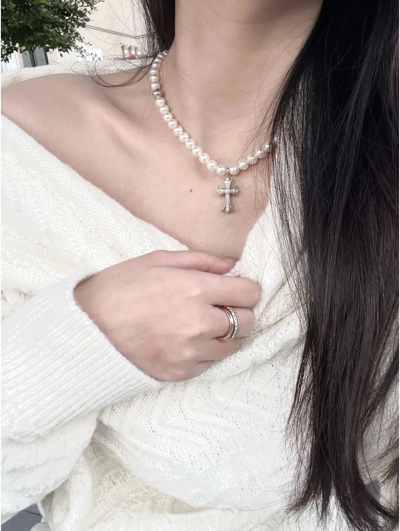 Chrome Hearts x Mikimoto Pearl Cross Pendant Necklace D28517398 — view 7
