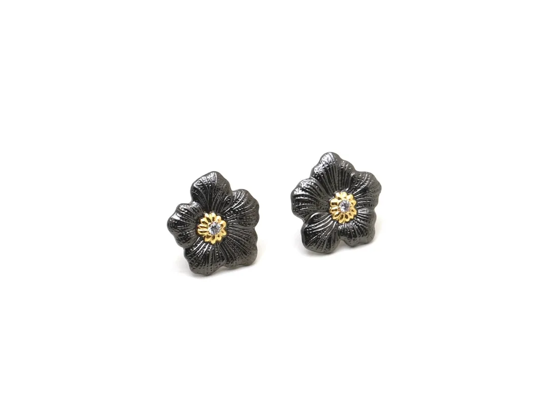 Gardenia Flower Stud Earrings in Blackened Silver D34016837