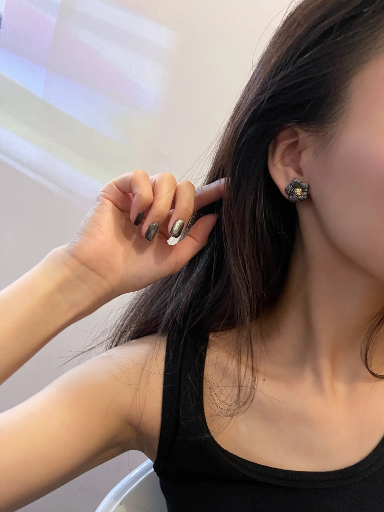 Gardenia Flower Stud Earrings in Blackened Silver D34016837 — view 9
