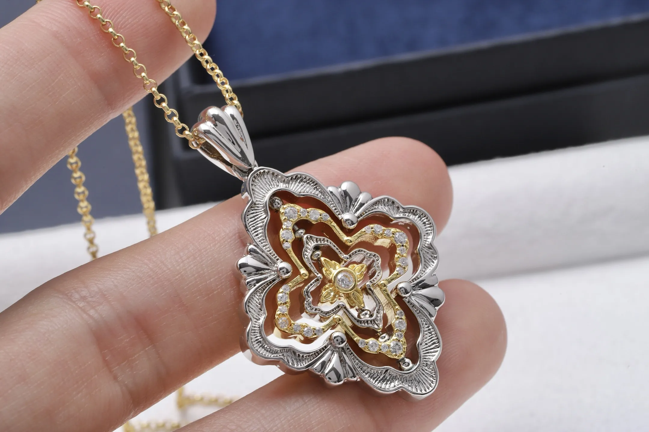 Opera-Style Cut-Out Pendant Necklace (Gold-Plated Brass) D15016757 — view 4