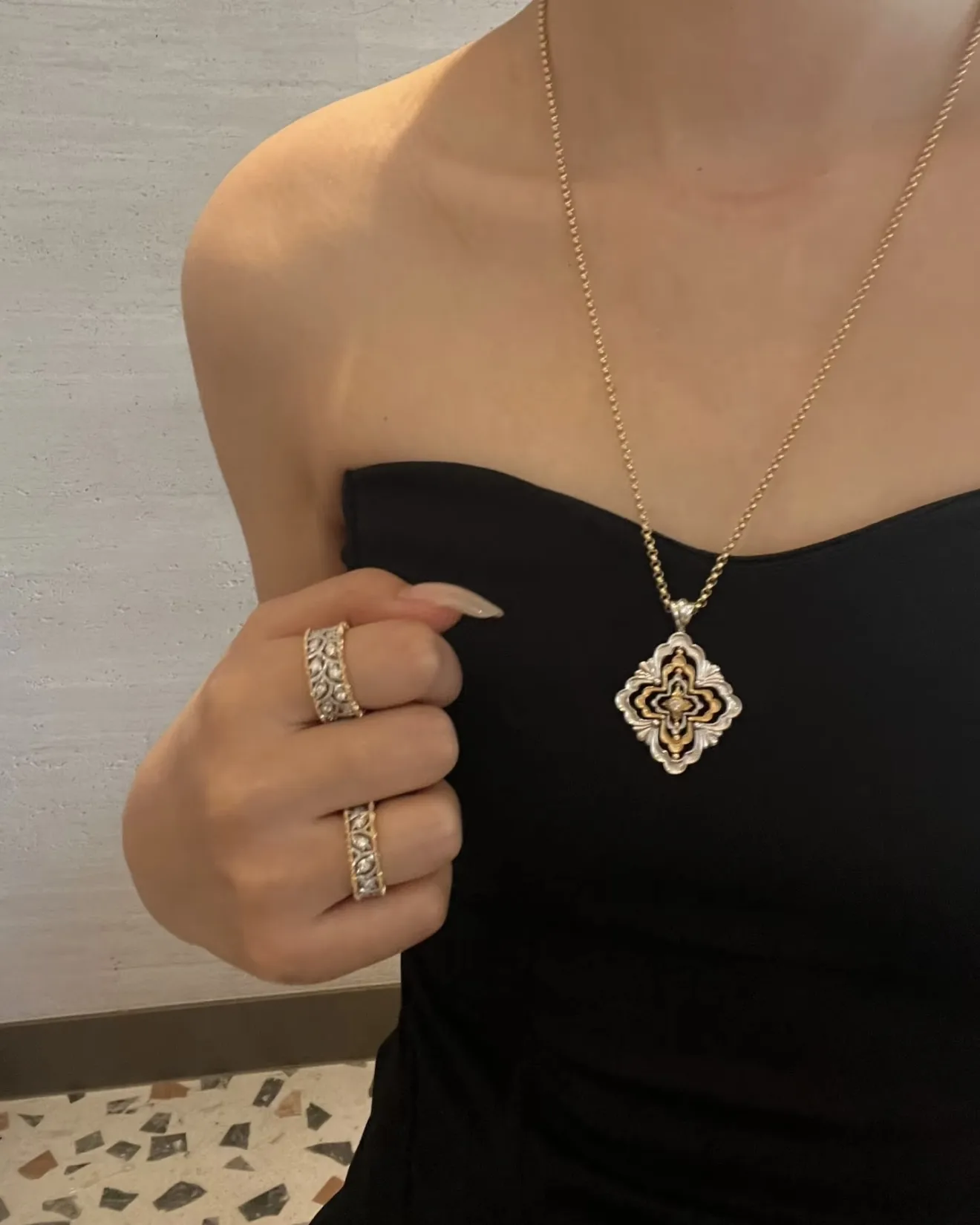 Opera-Style Cut-Out Pendant Necklace (Gold-Plated Brass) D15016757 — view 8