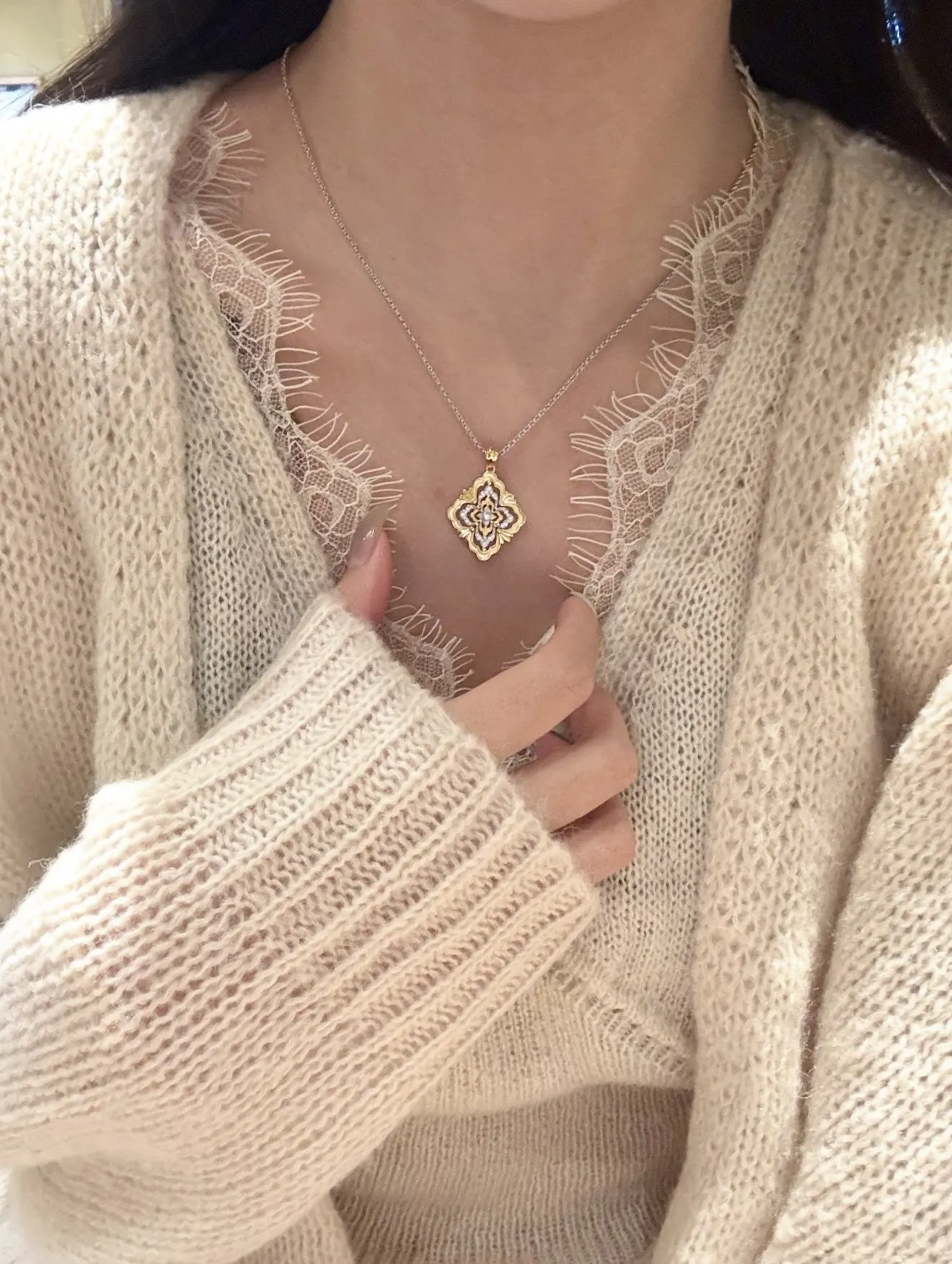 Opera-Style Cut-Out Pendant Necklace (Gold-Plated Brass) D15016757 — view 10