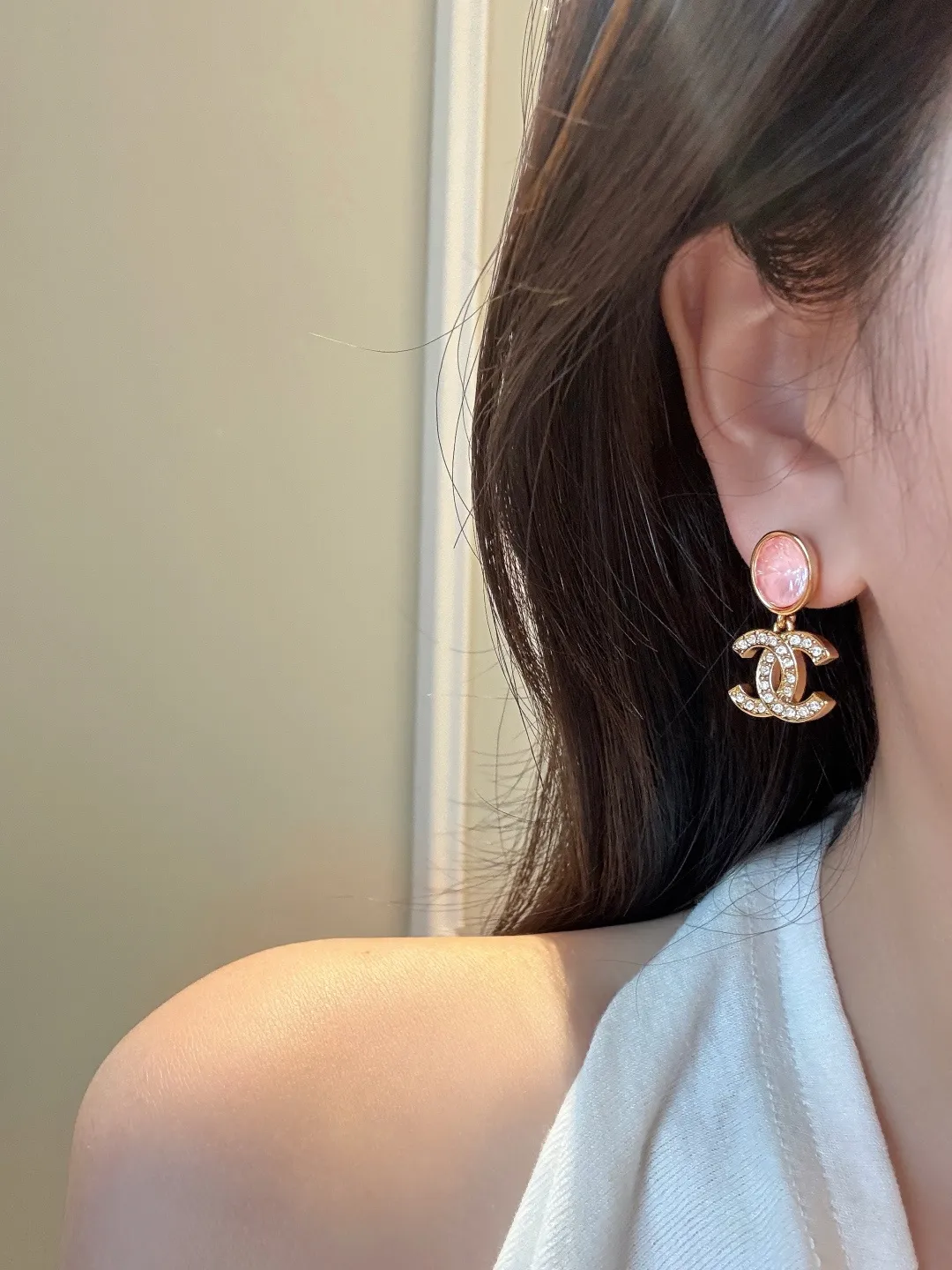 Vintage CC Crystal Drop Earrings with Pink Resin D15517033 — view 8