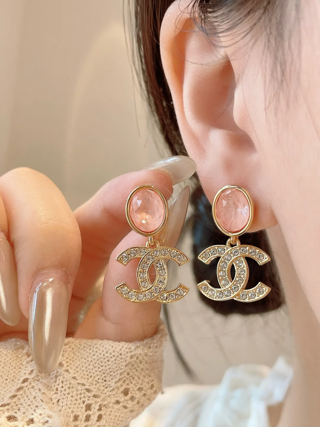 Vintage CC Crystal Drop Earrings with Pink Resin D15517033 — view 9