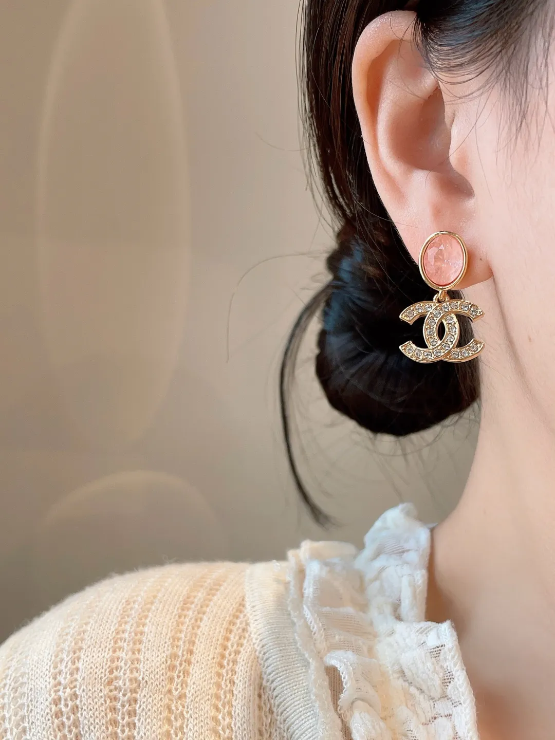 Vintage CC Crystal Drop Earrings with Pink Resin D15517033 — view 10