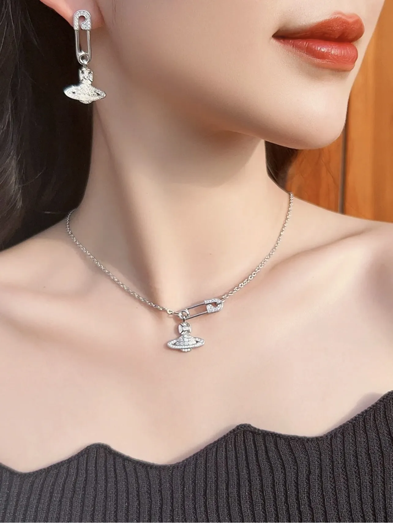 Orb and Safety Pin Crystal Pendant Necklace D15016991 — view 9