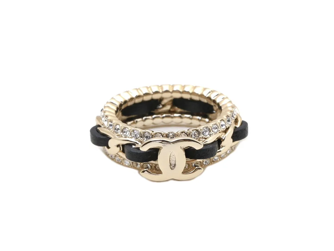 Double C Leather-Intertwined Crystal Ring D14017348
