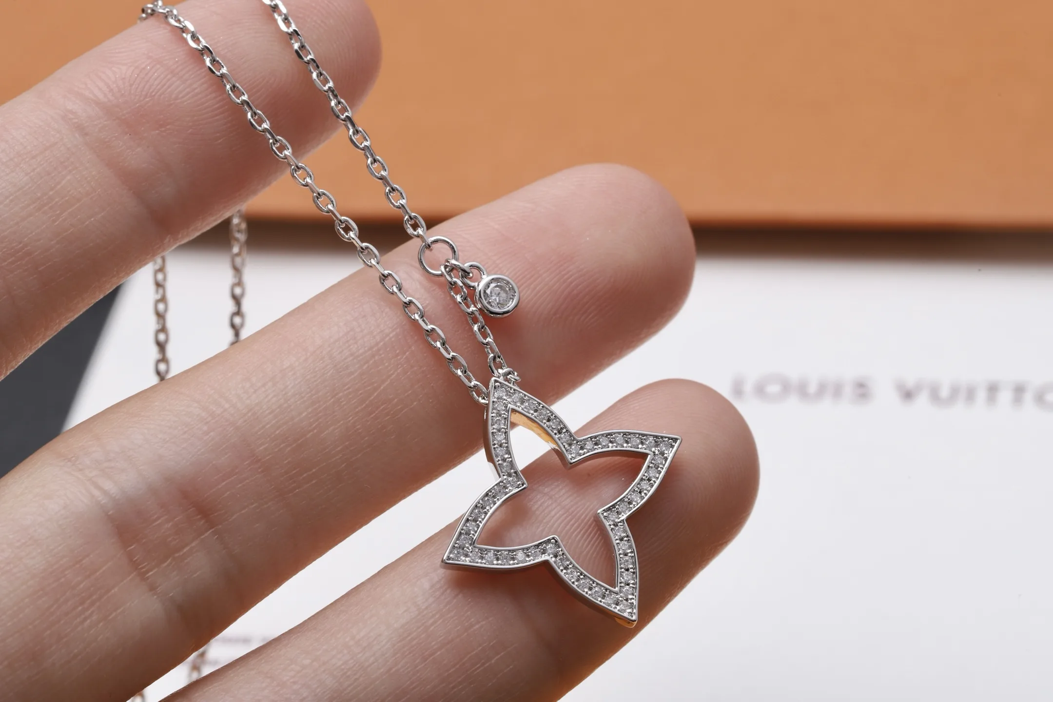 Monogram Flower Diamond-Set Pendant Necklace (Gold-Plated Brass) D15017041 — view 4