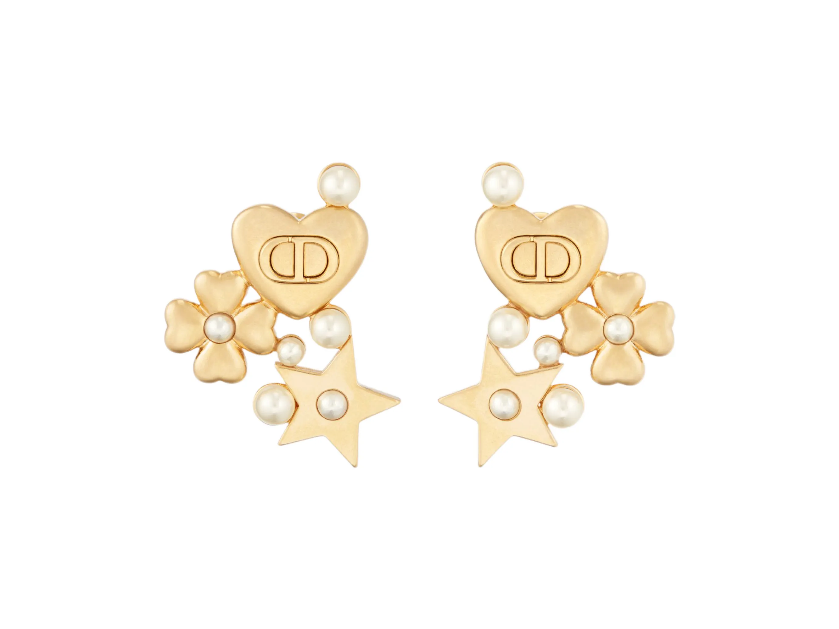CD Heart Star and Clover Stud Earrings with Resin Pearls D14016678