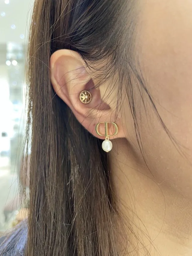 CD Navy Pearl Drop Earrings (Gold-Plated Brass) D13017591 — view 10