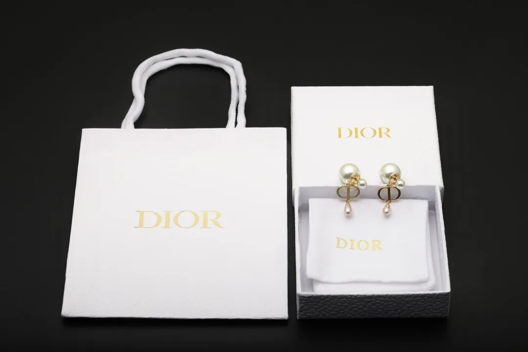 CD Logo Drop Pearl Earrings with Crystals D14517725