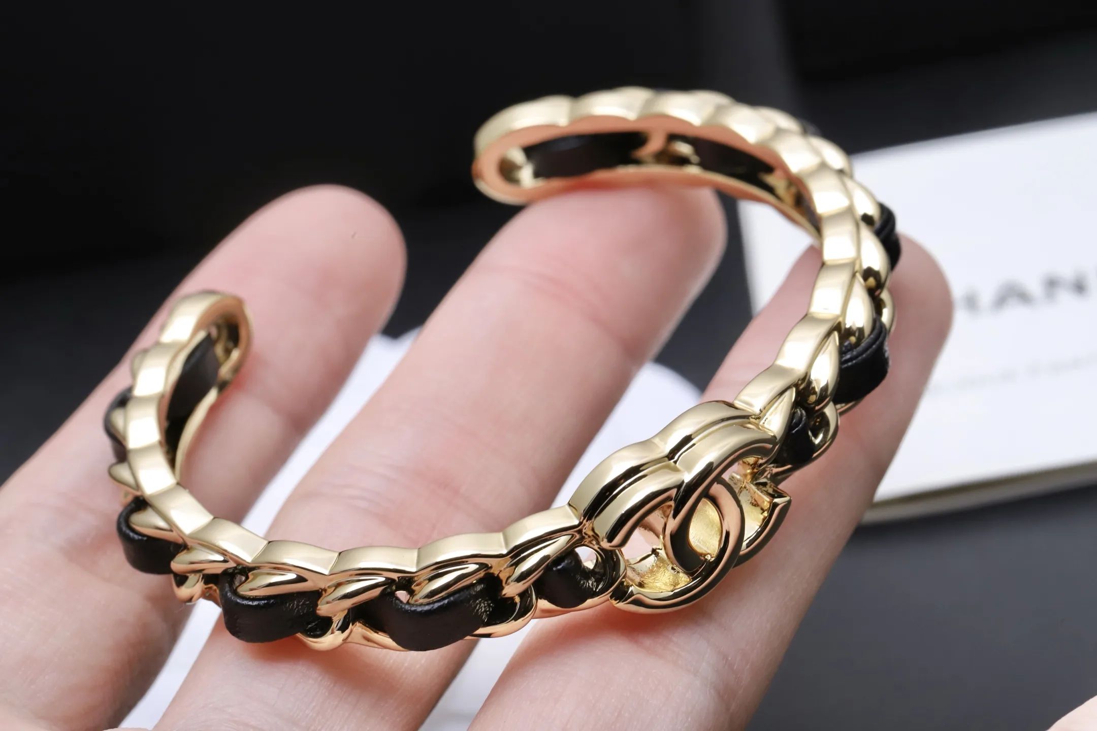 Leather-Intertwined Chain Cuff Bracelet D16017681 — view 5
