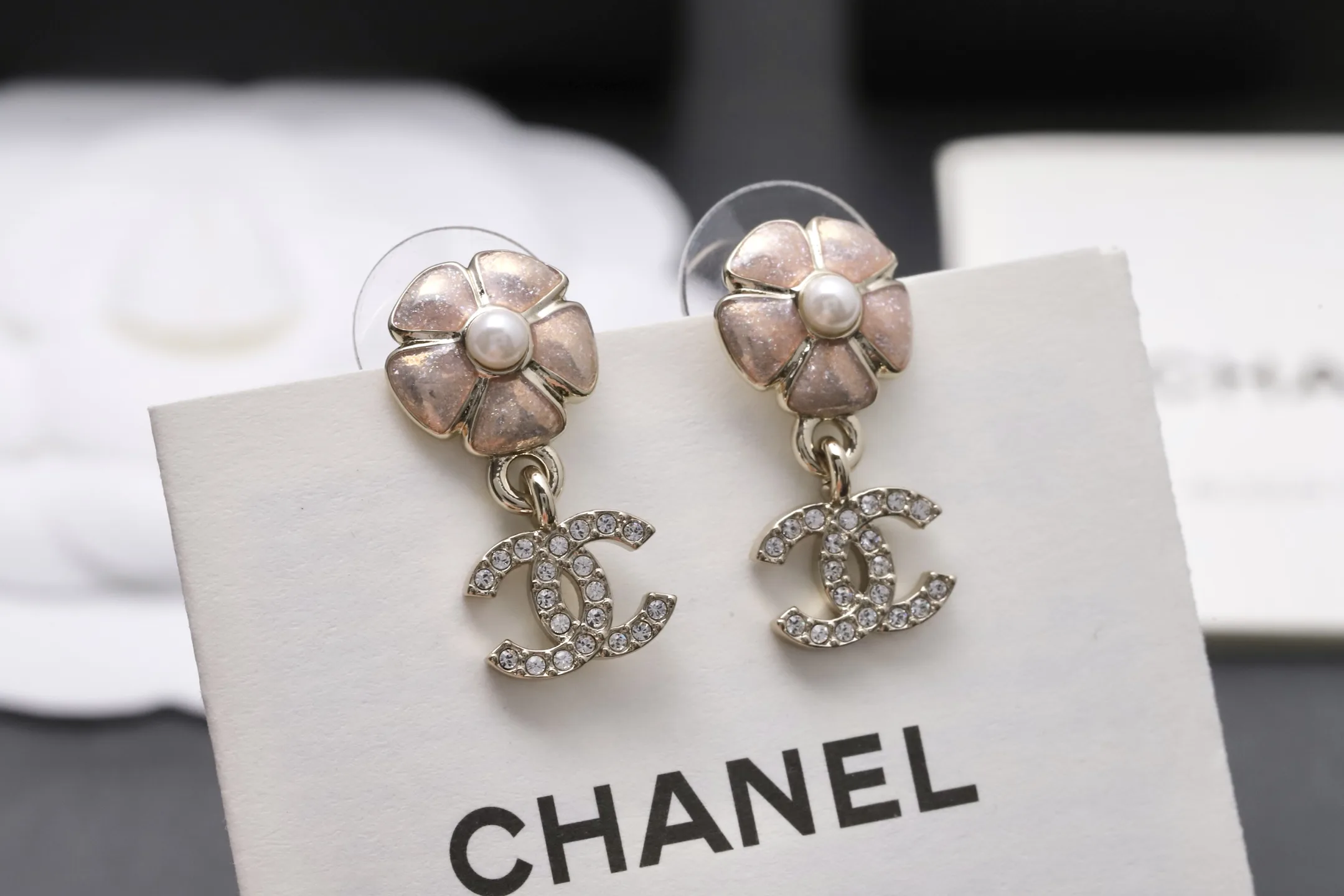 Camellia and Crystal Double C Drop Earrings D14016621 — view 4