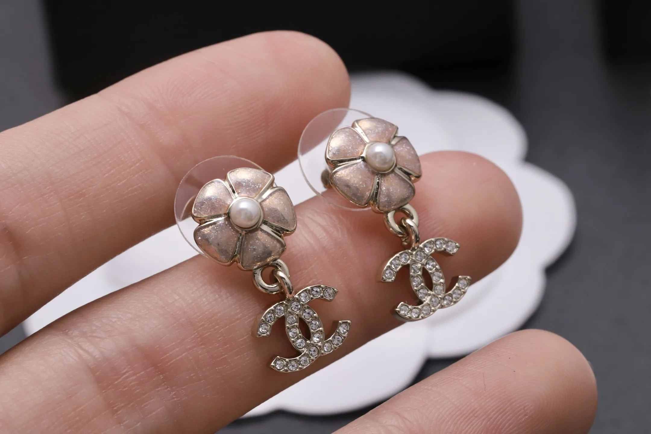 Camellia and Crystal Double C Drop Earrings D14016621 — view 5