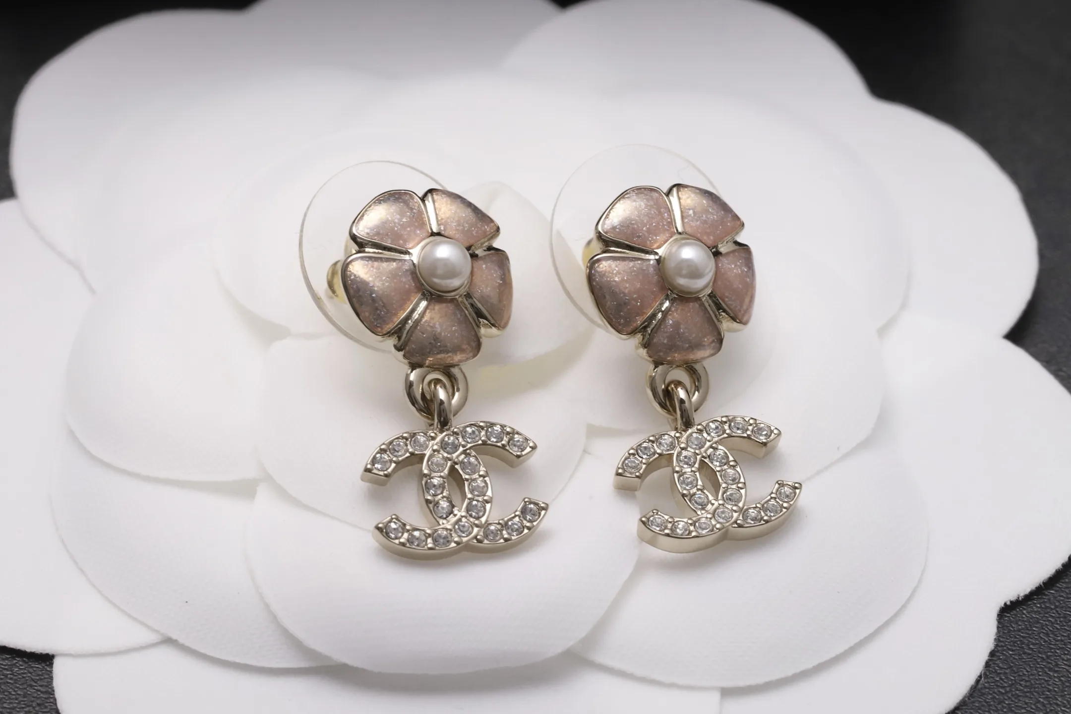 Camellia and Crystal Double C Drop Earrings D14016621 — view 7