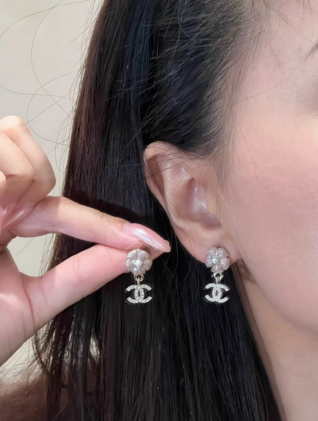 Camellia and Crystal Double C Drop Earrings D14016621 — view 8