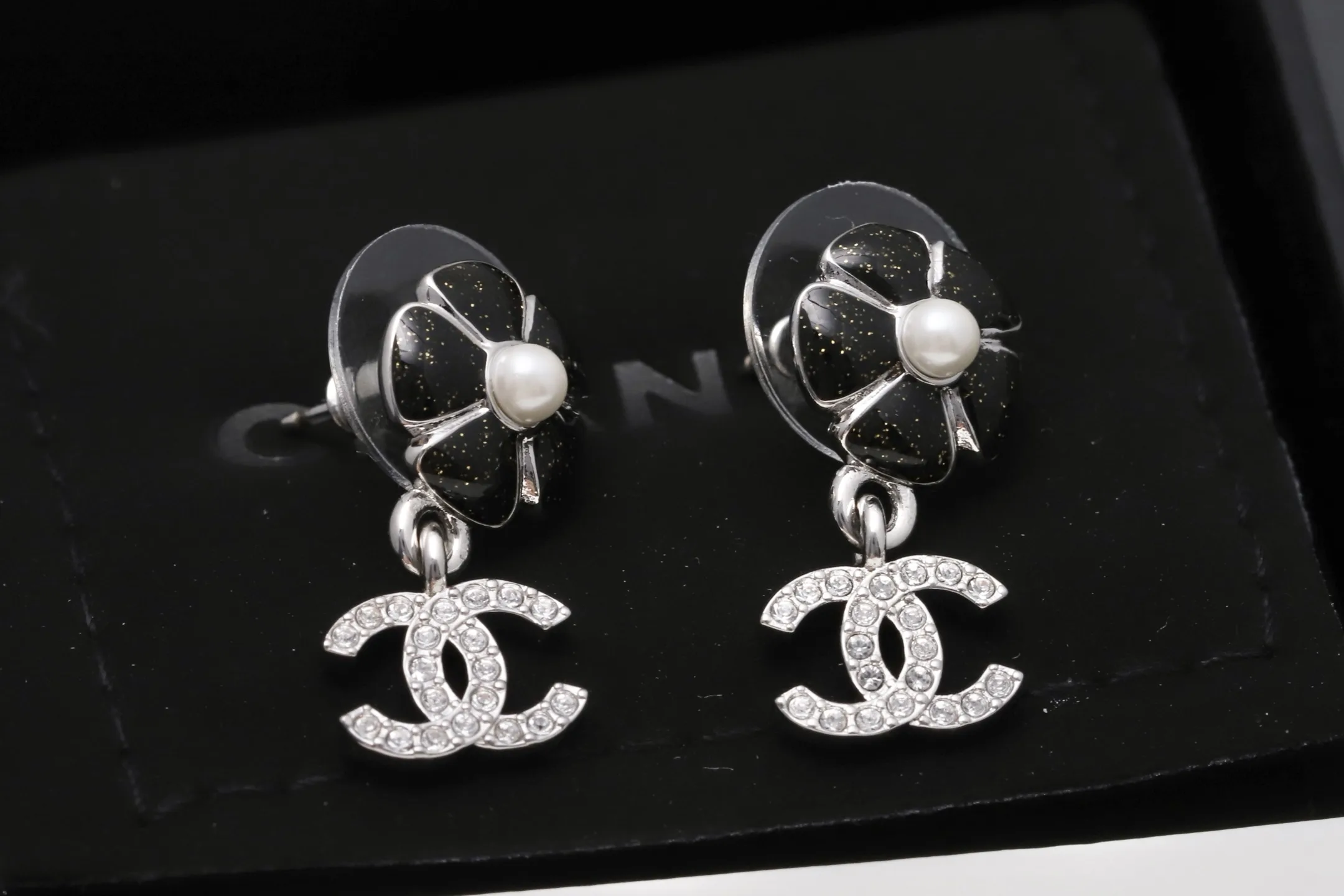 Camellia and Crystal Double C Drop Earrings D14016622 — view 3