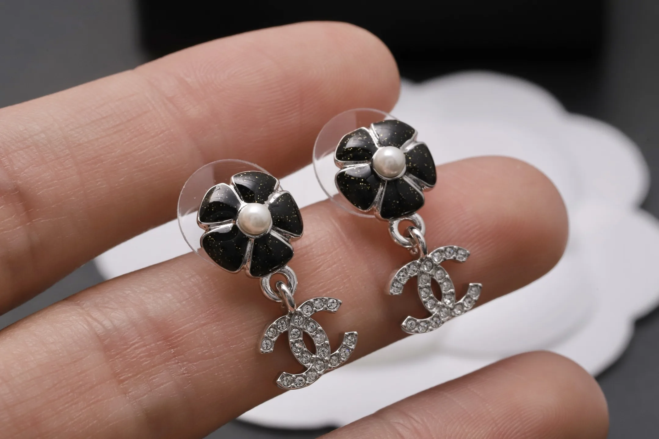 Camellia and Crystal Double C Drop Earrings D14016622 — view 5