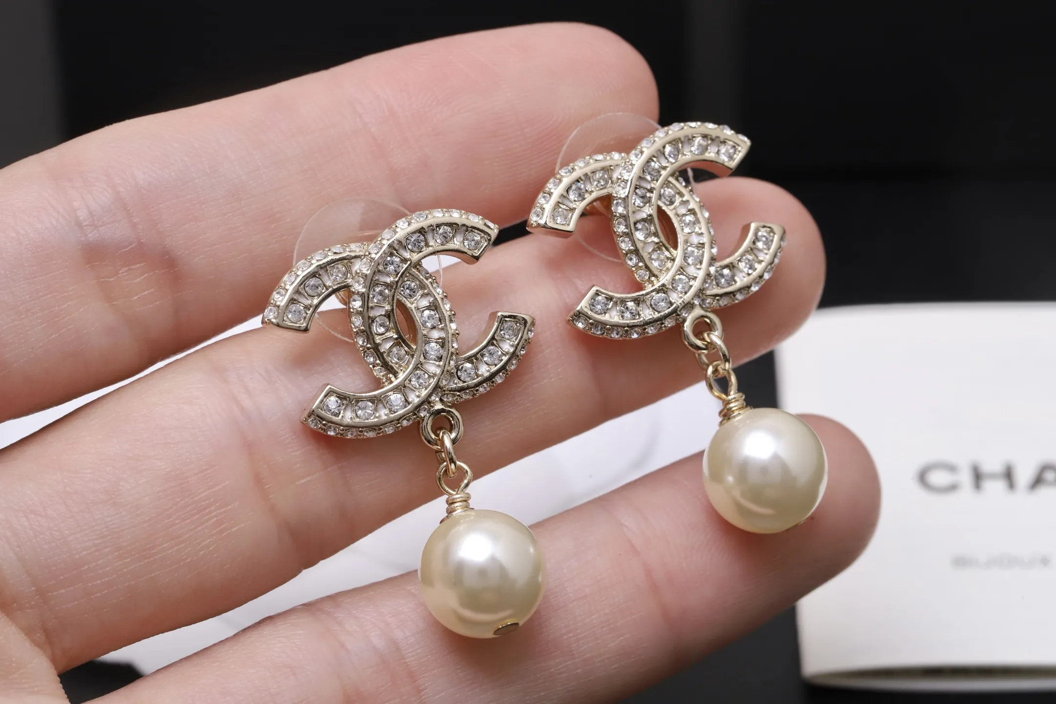 Crystal Double C Drop Earrings with Faux Pearls D14517447 — view 4