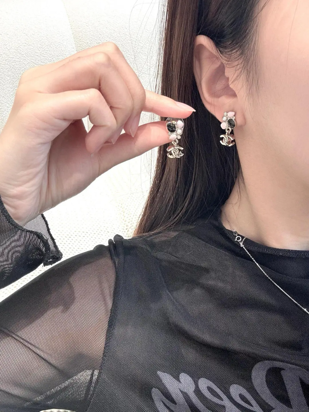 Enamel and Faux Pearl CC Drop Earrings D13517206 — view 7