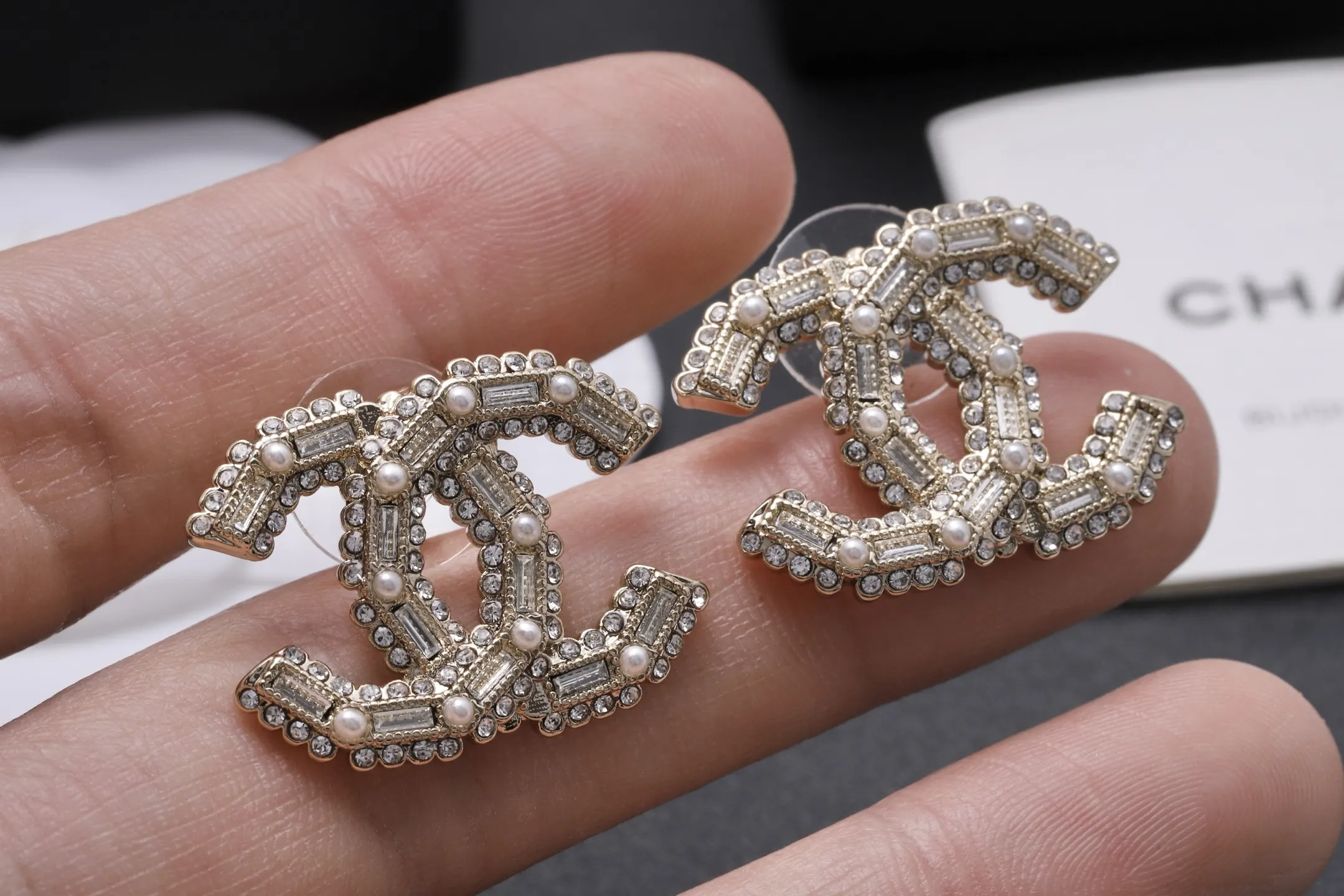 Crystal and Faux Pearl Double C Stud Earrings D14017095 — view 7