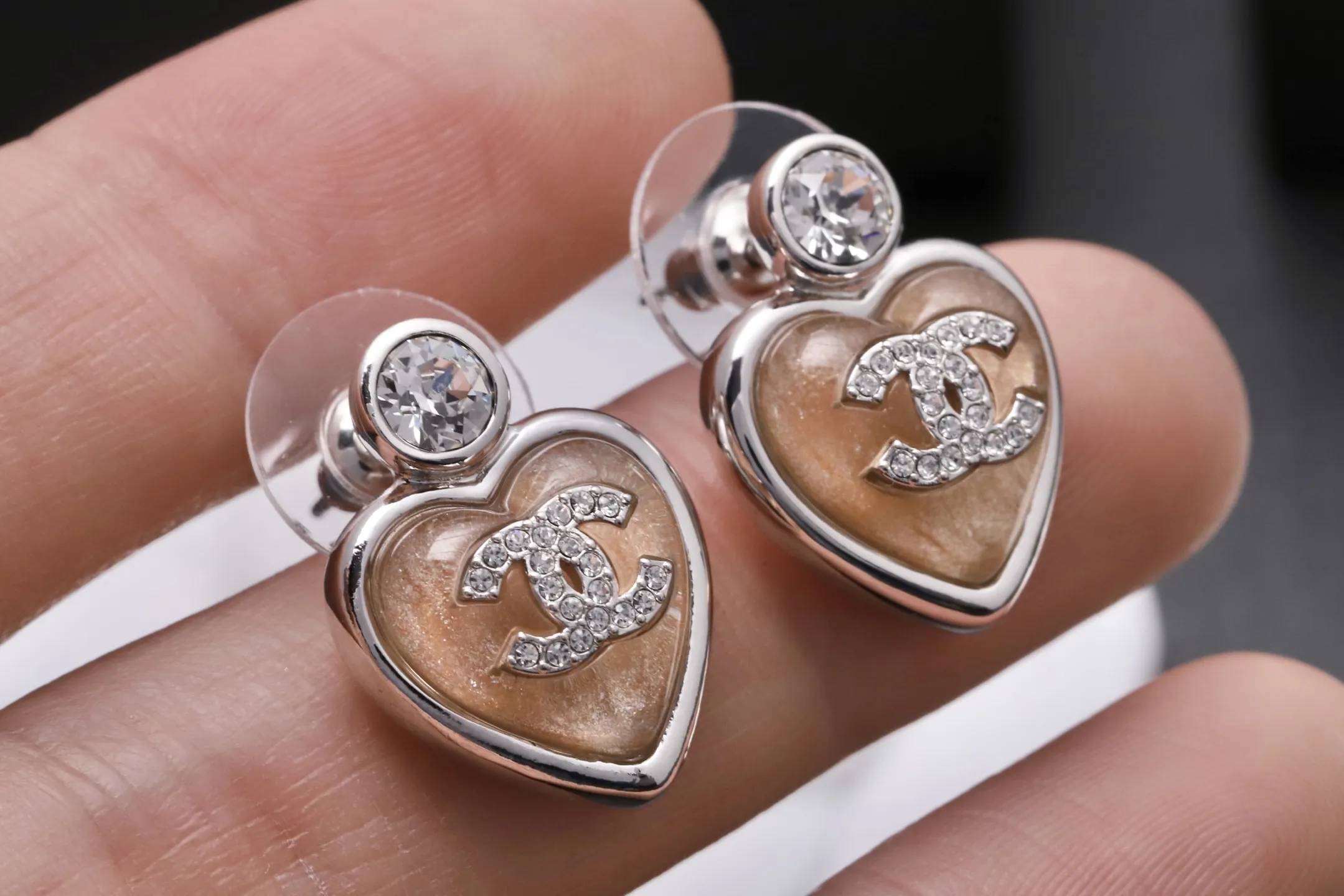Heart Resin and Crystal CC Stud Earrings D14517133 — view 4