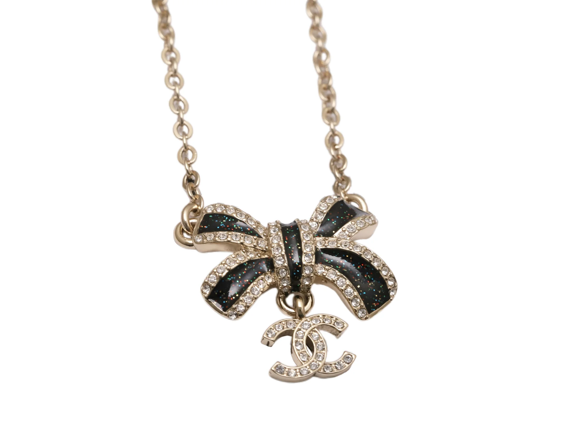 Glitter Bow and Crystal CC Pendant Necklace D15517305