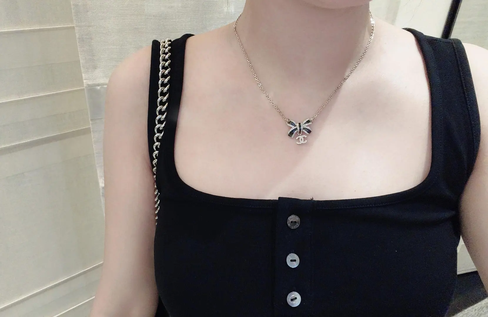 Glitter Bow and Crystal CC Pendant Necklace D15517305 — view 8