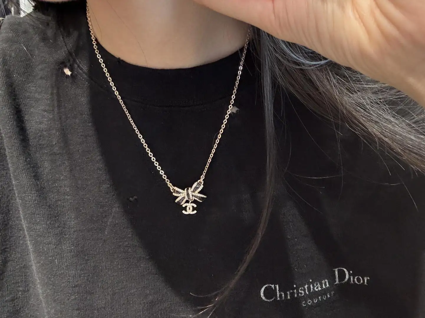 Glitter Bow and Crystal CC Pendant Necklace D15517305 — view 9