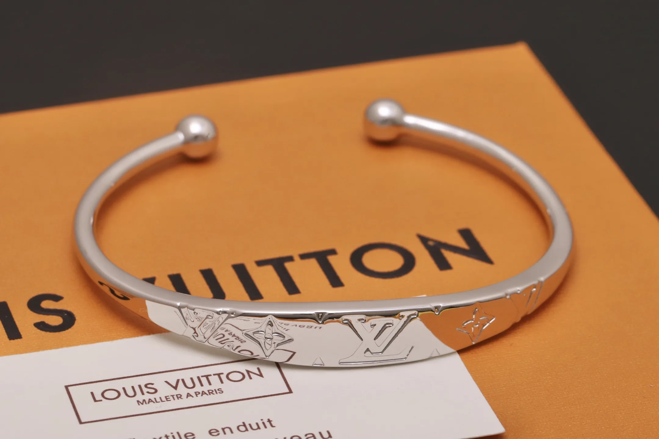 Monogram Engraved Open Cuff Bangle (Titanium Steel) D12517516 — view 3