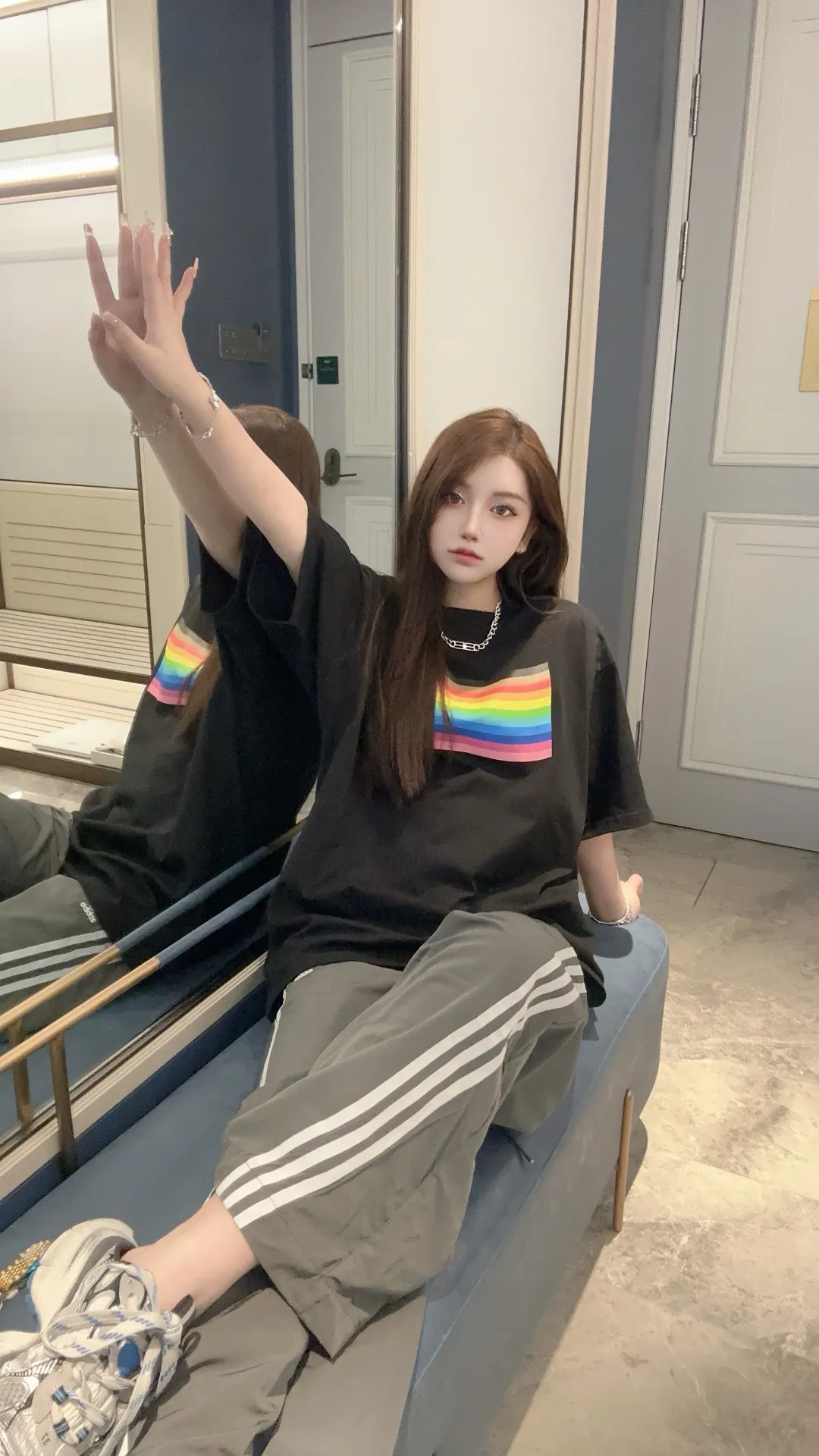 Rainbow Flag Print Oversized T-Shirt D14011427
