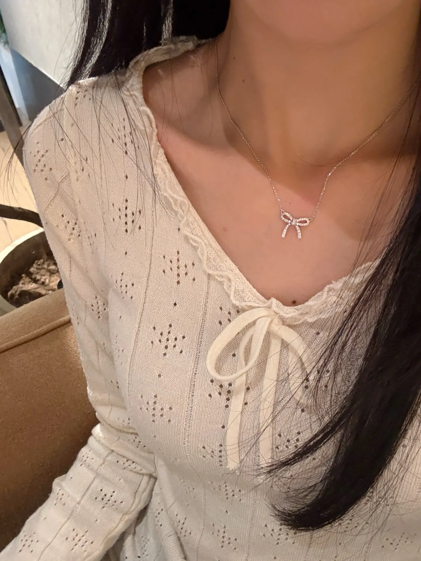 Moissanite Bow Pendant Necklace (Sterling Silver) D21516917 — view 9