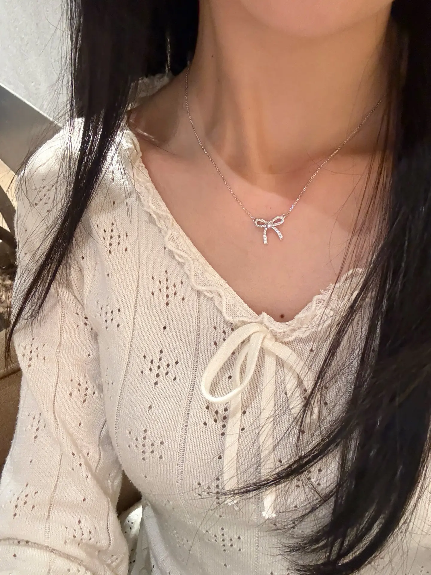 Moissanite Bow Pendant Necklace (Sterling Silver) D21516917 — view 10