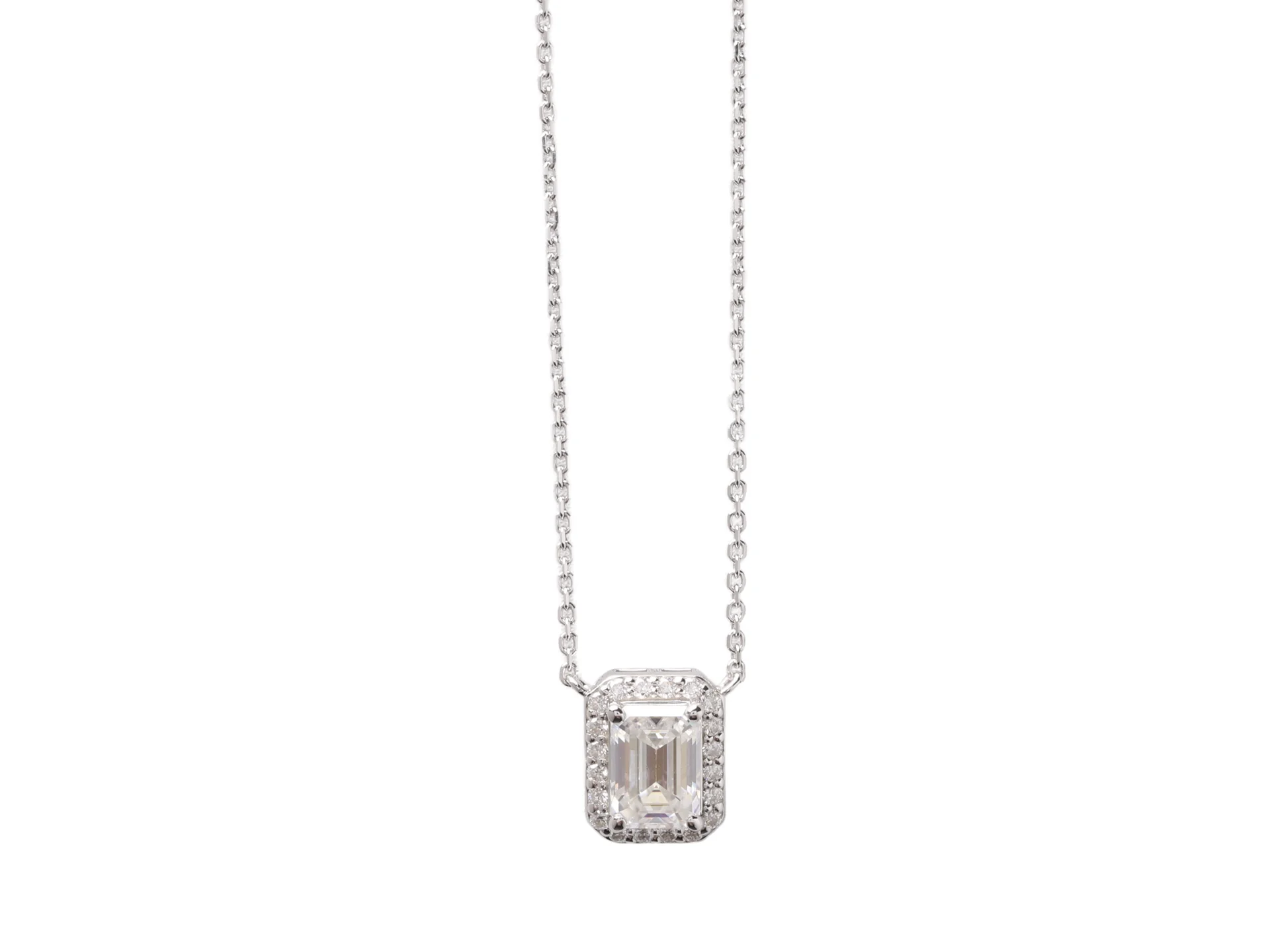 Emerald-Cut Moissanite Halo Pendant Necklace (Sterling Silver) D23516921