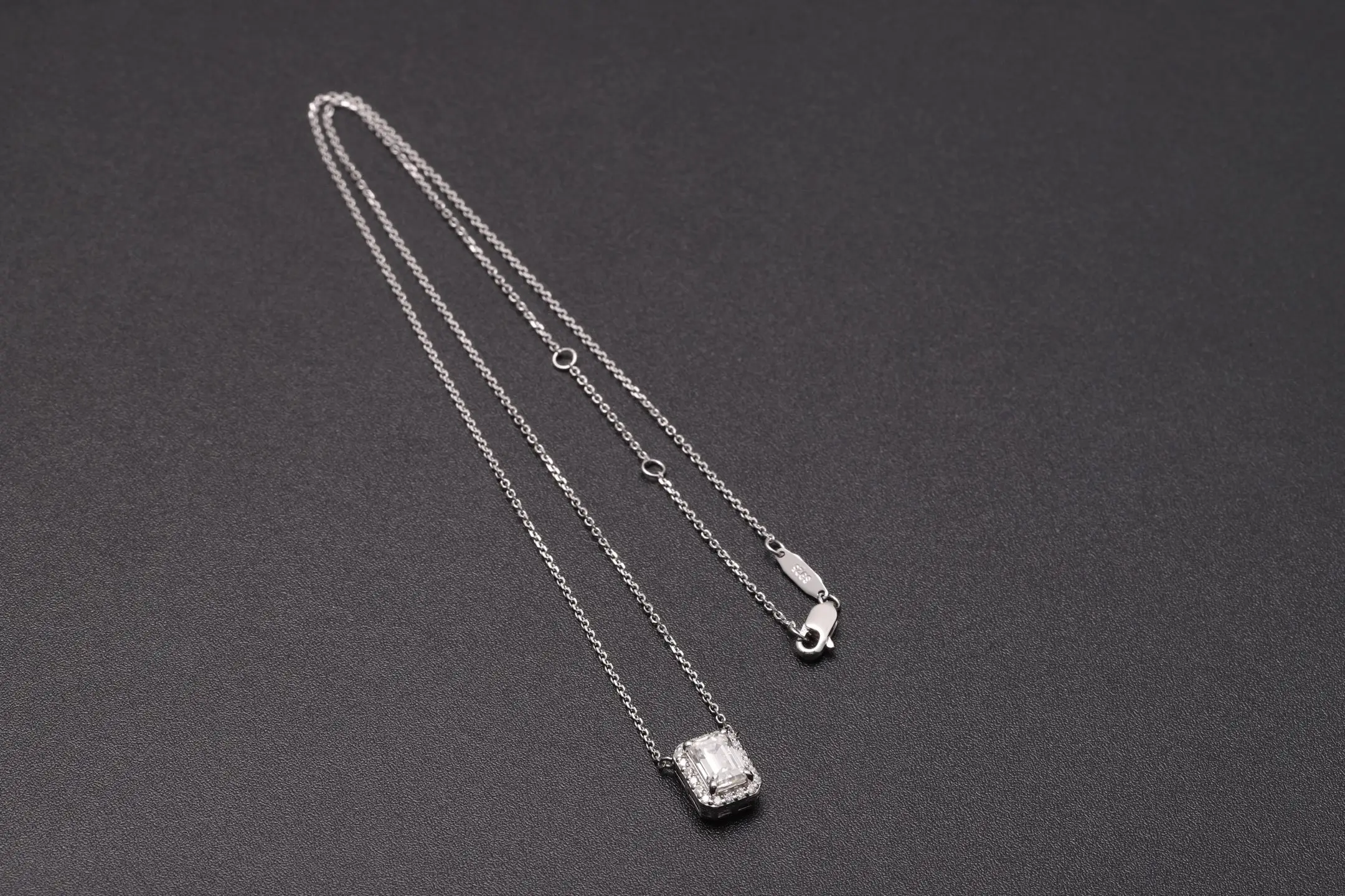 Emerald-Cut Moissanite Halo Pendant Necklace (Sterling Silver) D23516921 — view 2