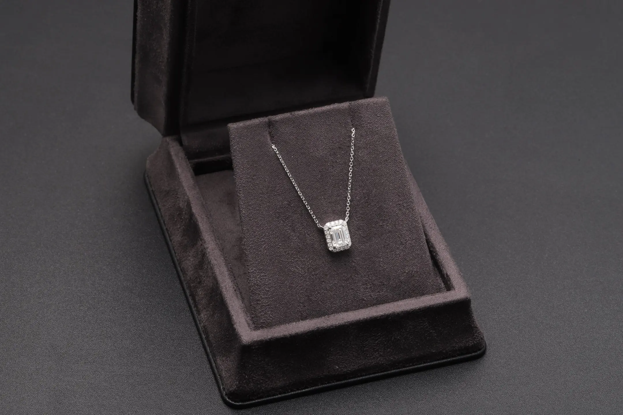 Emerald-Cut Moissanite Halo Pendant Necklace (Sterling Silver) D23516921 — view 3