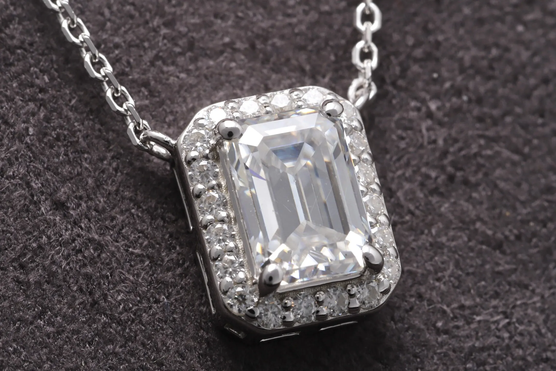 Emerald-Cut Moissanite Halo Pendant Necklace (Sterling Silver) D23516921 — view 4