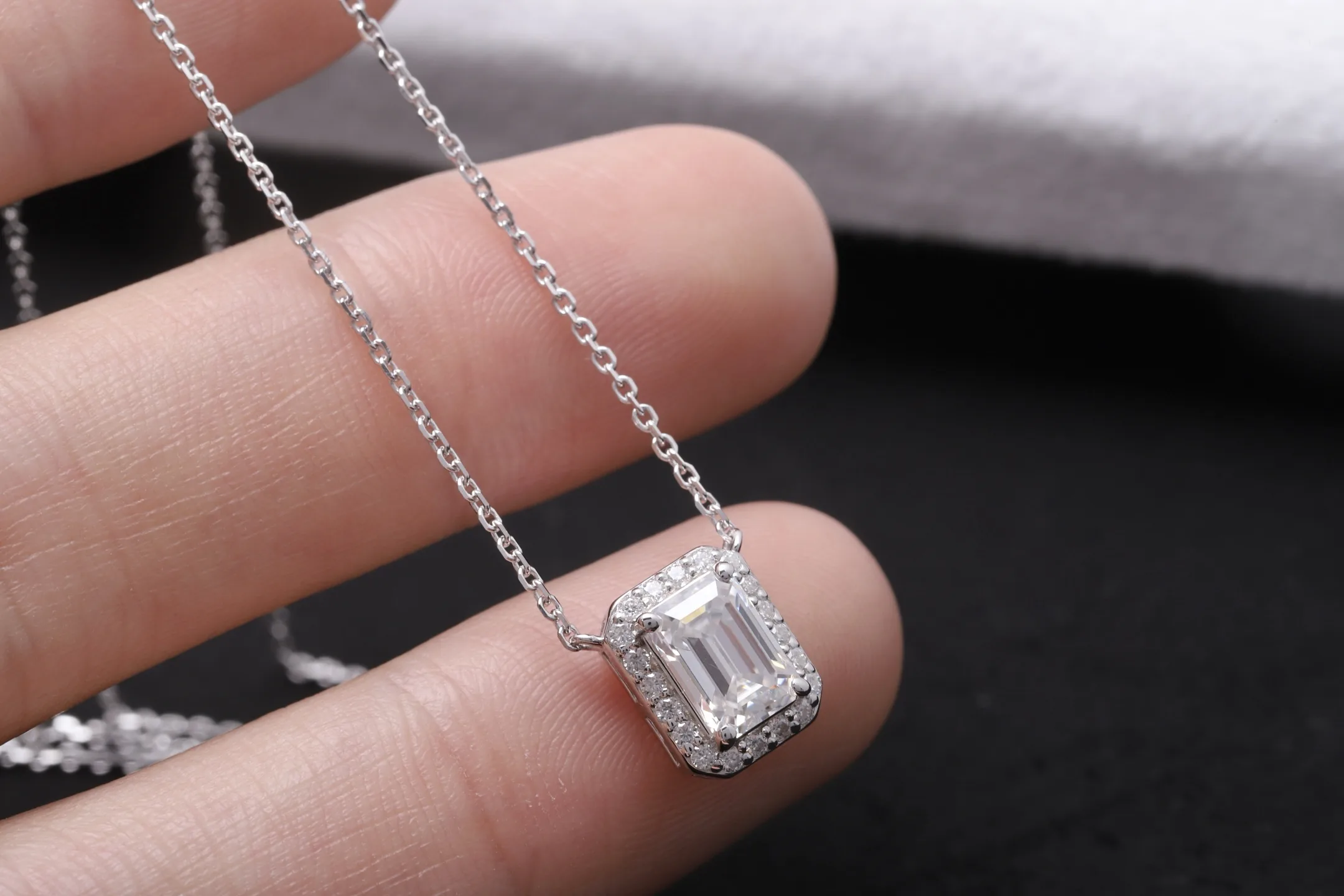 Emerald-Cut Moissanite Halo Pendant Necklace (Sterling Silver) D23516921 — view 5
