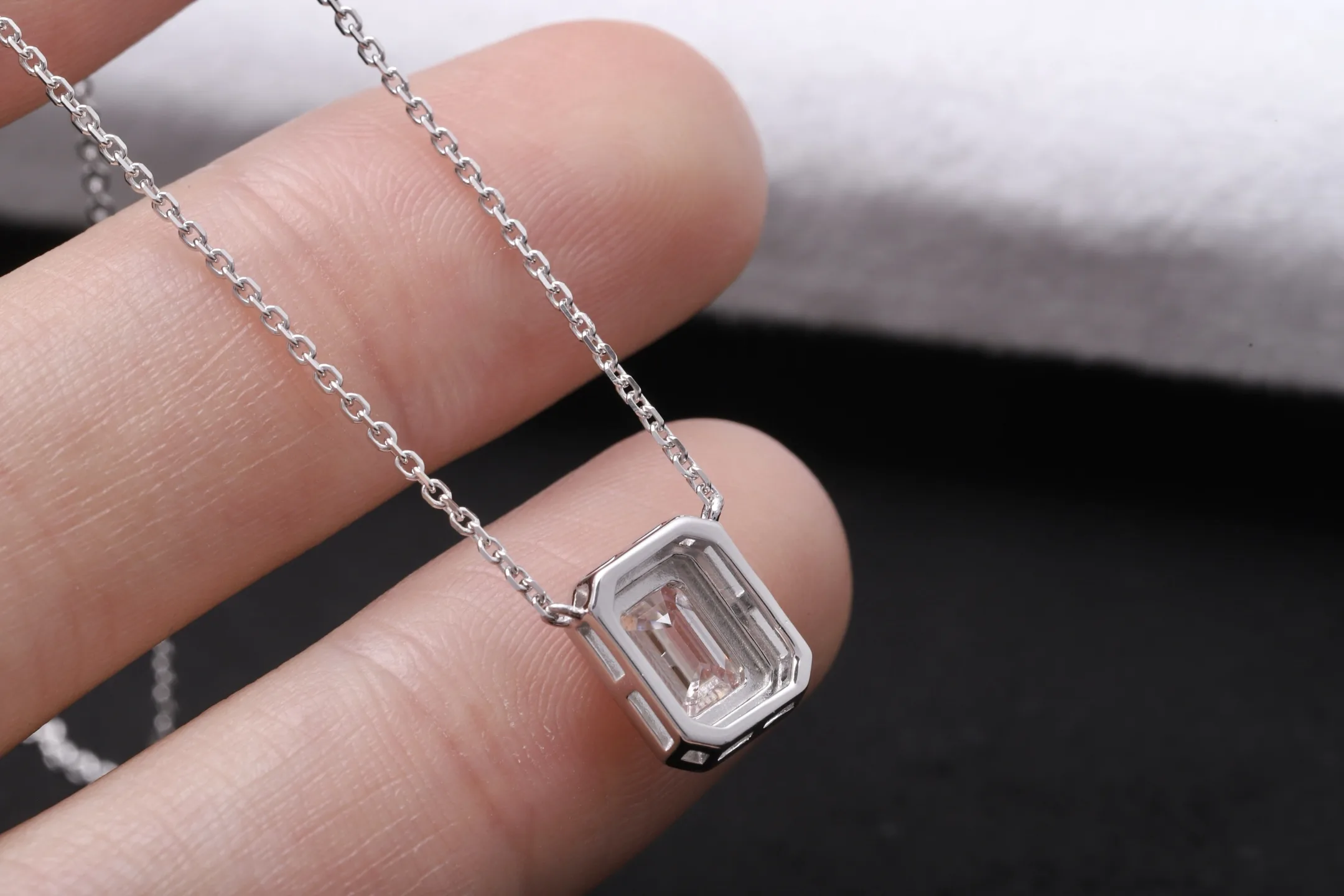 Emerald-Cut Moissanite Halo Pendant Necklace (Sterling Silver) D23516921 — view 6